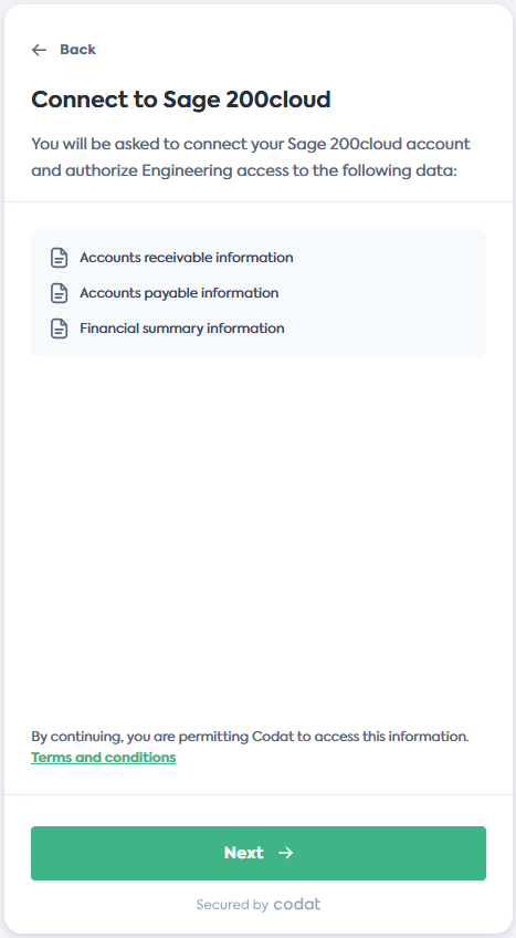 Screenshot of the Connect to Sage 200cloud screen of Codat's Link Flow.